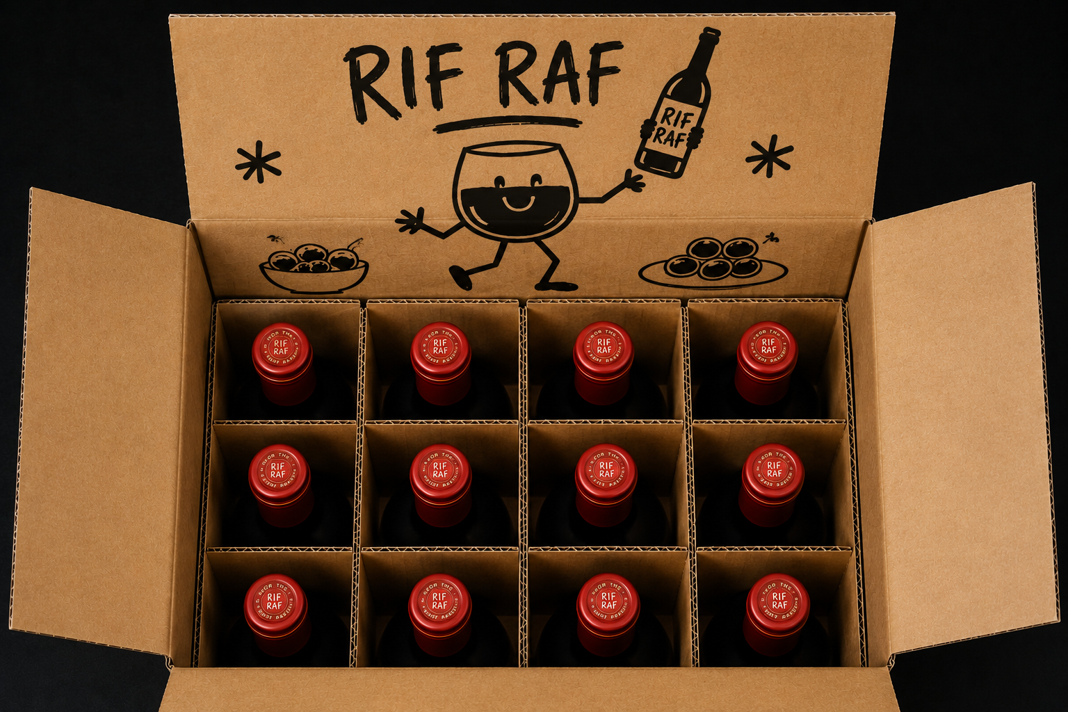 Open kraft case of RIF RAF, 12 bottles