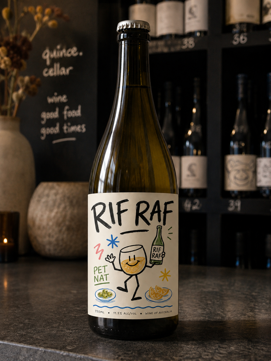Pet Nat bottle on the Quince Cellar counter
