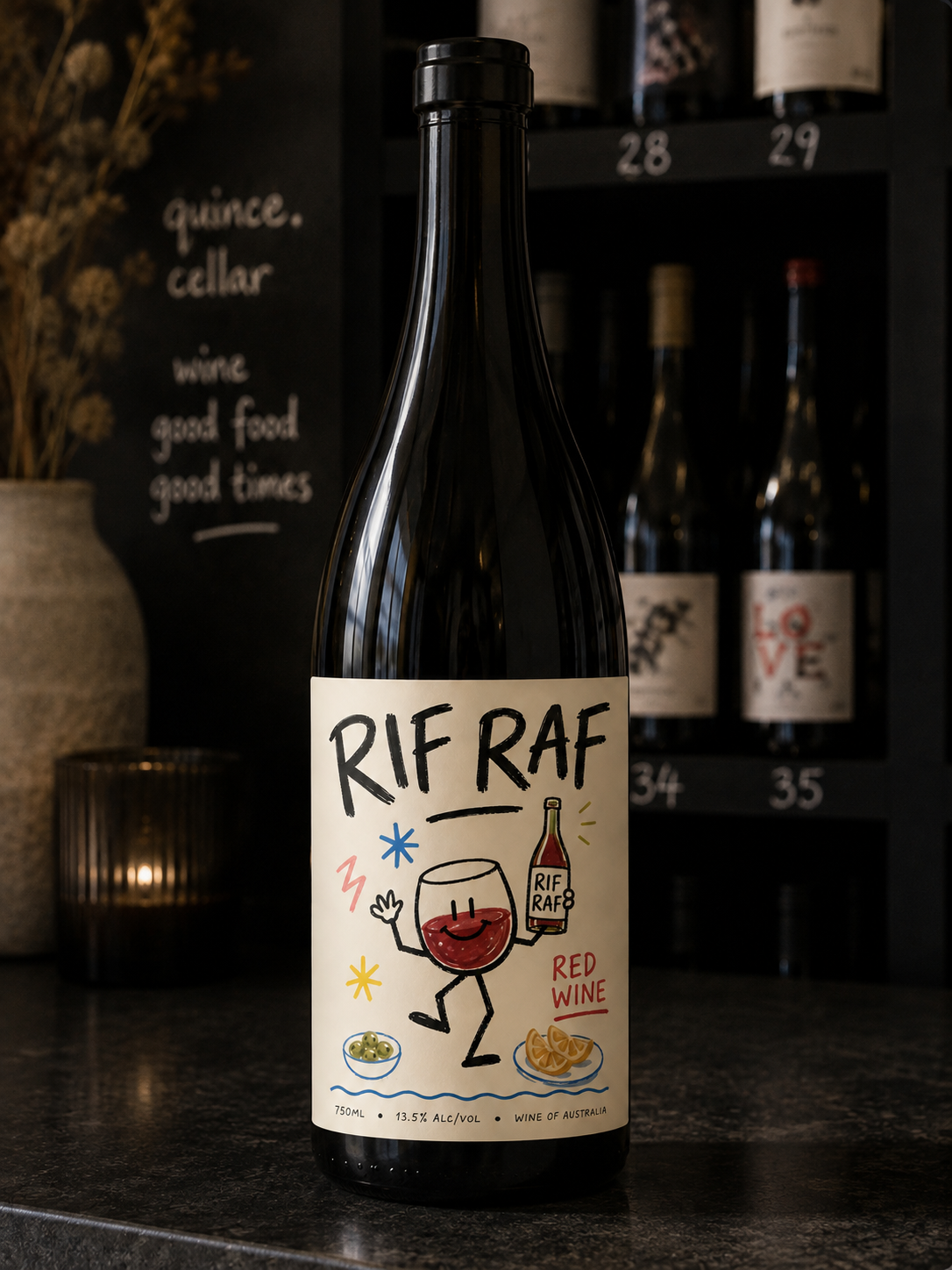 RIF RAF red wine bottle on the Quince Cellar counter